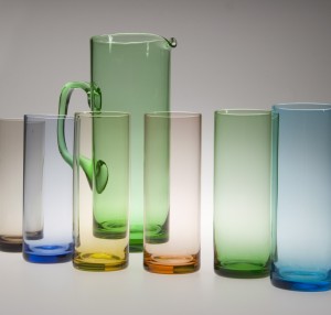 Coloured glasses and jug